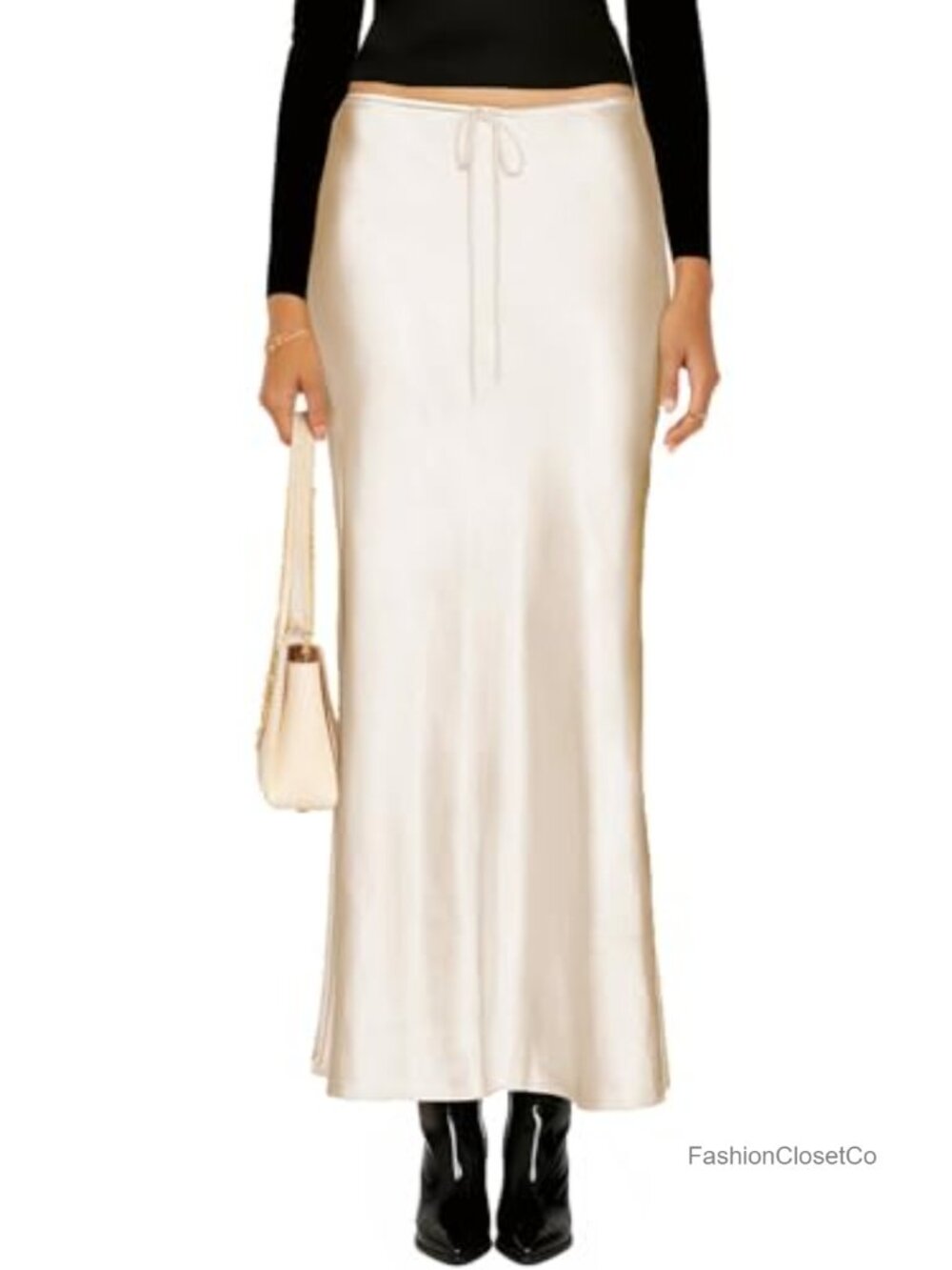 Satin Maxi Skirt High Waist Drawstring A-Line Silk Long Skirt